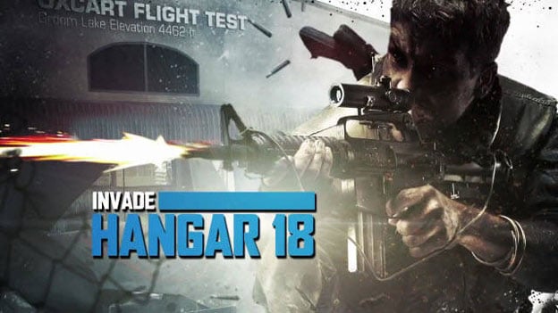 Promotional art for the Call of Duty: Black Ops - Annihilation map Hangar, featuring a soldier firing a gun.