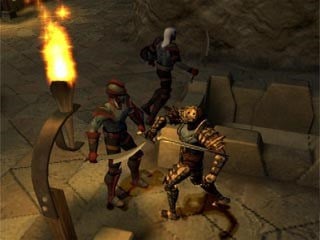 Screenshot from Champions: Return to Arms, showing the player character fighting a group of enemies in a dungeon.