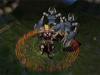 Screenshot from Champions: Return to Arms, showing the player casting a spell as two robotic enemies approach