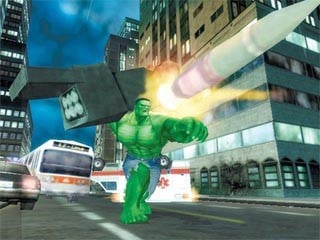 A screenshot from The Incredible Hulk: Ultimate Destruction, featuring Hulk throwing a rocket at an enemy.