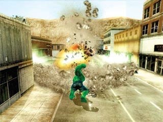 Screenshot from Incredible Hulk: Ultimate Destruction, showing Hulk smashing a city street.