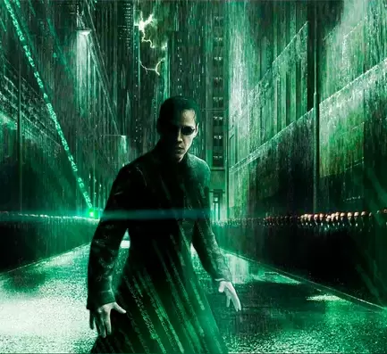 Neo from the matrix in the rain