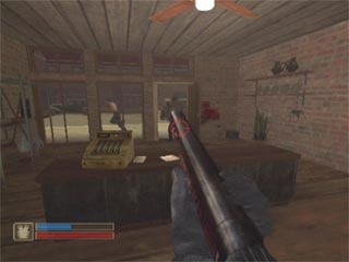 A picture from the game Chicago Enforcer, featuring the player character shooting at enemies over a counter from a first person perspective.