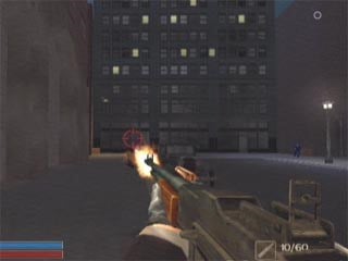 A screenshot of the game Chicago Enforcer, featuring the player character firing a gun in first person perspective down a city street at night.