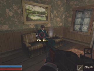 A picture from the game Chicago Enforcer, featuring the player character, from a first person perspective, aiming at a civilian sitting on a sofa