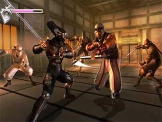 A screenshot of Ninja Gaiden Black, showing the player swordfighting an enemy in a dojo while other enemies wait in the background.