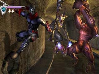 Screenshot from Ninja Gaiden Black, showing the player running along a wall.