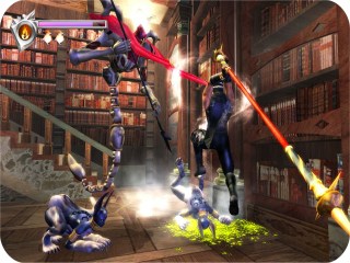 A screenshot from Ninja Gaiden Black, depicting the player fighting two enemies in a library with magic effects shine around them.