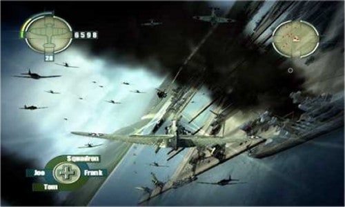 Screenshot of Blazing Angels: Squadrons of WWII, with a plane flying above a ship on the water. Black smoke is rising from the ship.