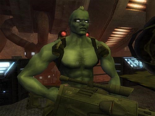 A screenshot from the game Rogue Trooper, featuring a genetically modified green soldier holding a gun.