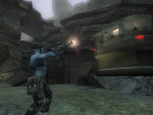 An image from the game Rogue Trooper, showing a soldier firing at enemies on the second floor of a building.