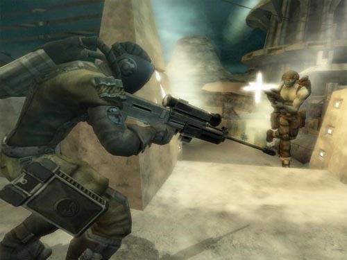 An image from the game Rogue Trooper, depicting a soldier firing at an enemy from around a corner.