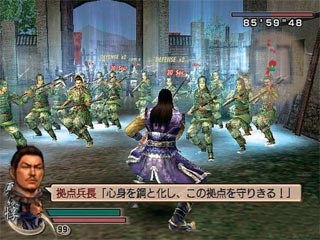 A picture from Dynasty Warriors 5, featuring the player character dressed in a blue robe and confronting a large group of enemies clad in green.