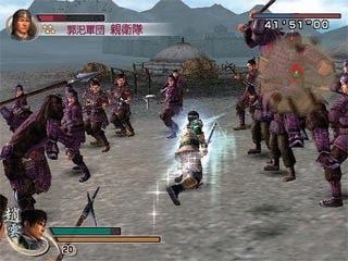 Picture from Dynasty Warriors 5, featuring the player character diving forward in between two lines of the opposing army.