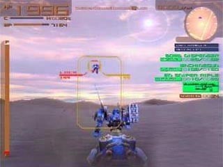Screenshot of Armored Core: Nine Breaker, featuring an Armored Core mech targeting an enemy from a third person perspective