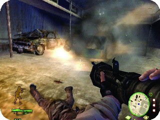 Screenshot from Delta Force: Black Hawk Down, depicting a soldier firing a rocket launcher at a car from first-person view.