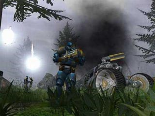 A screenshot of Advance Battlegrounds: The Future of Combat. showing a futuristic soldier in a smoky battlefield.