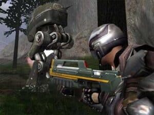 A screenshot from Advance Battlegrounds: The Future of Combat, showing a soldier in futuristic armor sneaking up on an enemy.