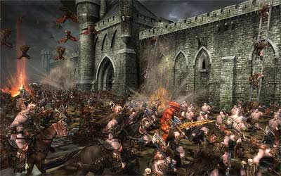A screenshot from Warhammer: Battle March, depicting mounted soldiers laying siege to a walled city. Some soldiers are scaling the wall on ladders.