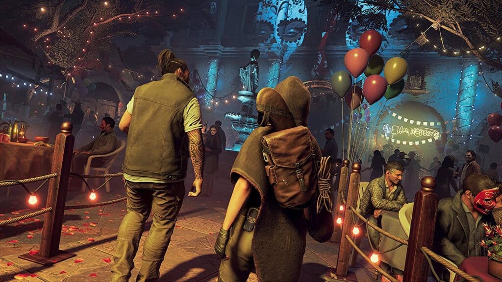 Shadow of the Tomb Raider walking through crowded streets