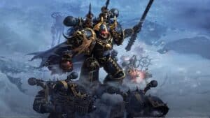 A picture from the Warhammer game series featuring soldiers in futuristic fantasy-style armor