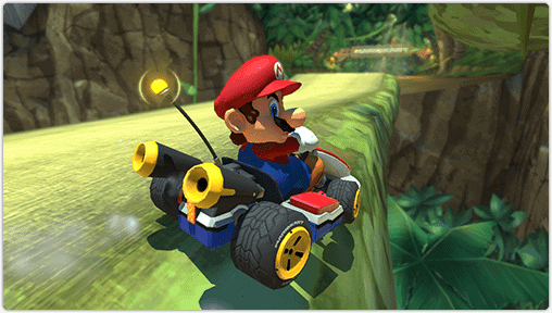 Mario races in a go-kart in Mario Kart 8.