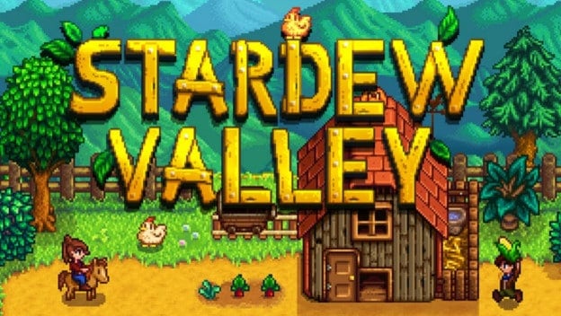 The Stardew Valley opening screen, with a quaint farmhouse, plants, mountains and animals in a pixel art style.