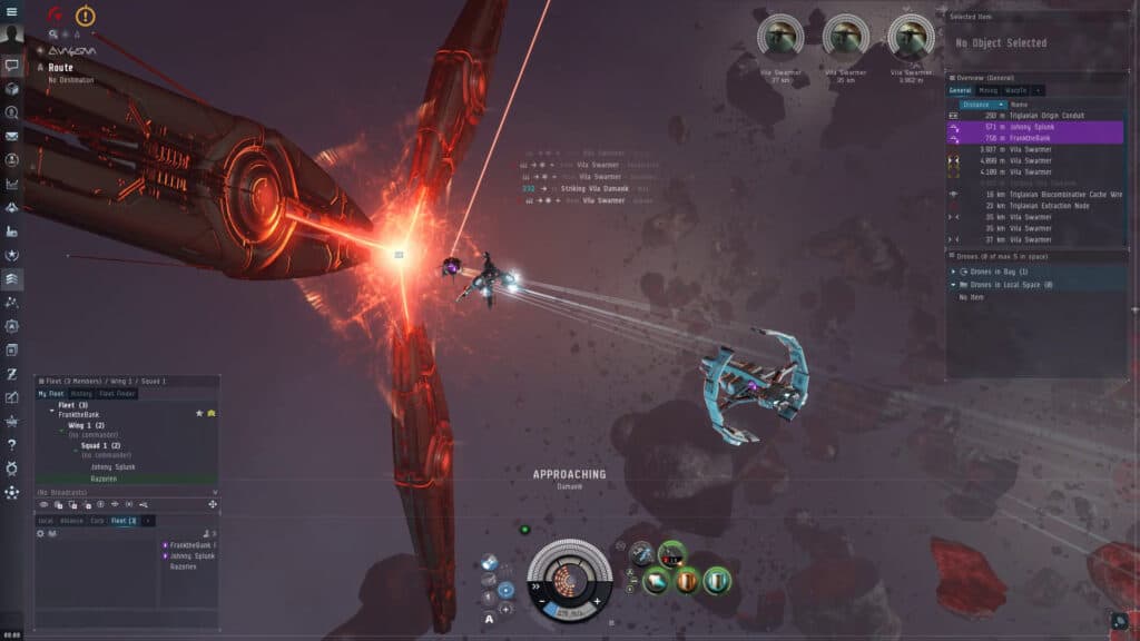 Targeted spaceship fire in Eve Online.