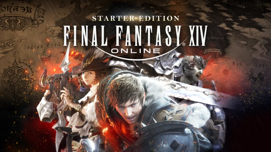 Characters and title screen for Final Fantasy 14.