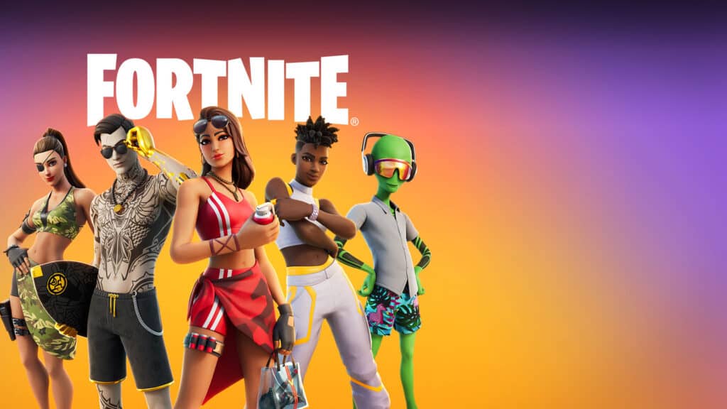 Fortnite characters gather against a colorful background.