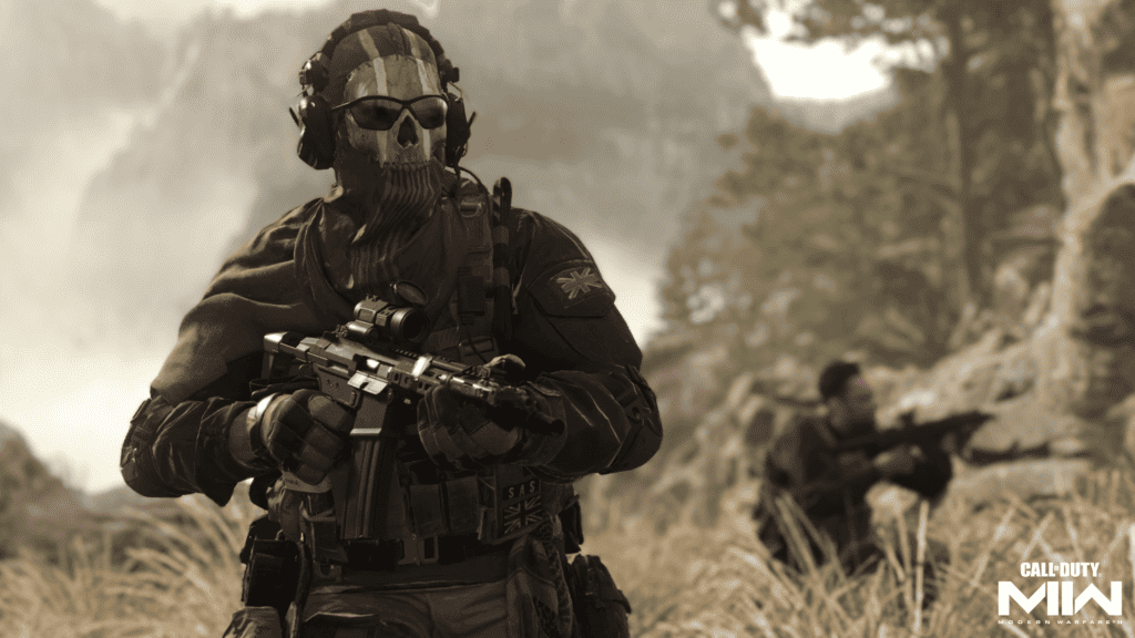 Ghost walking through a field holding a weapon.