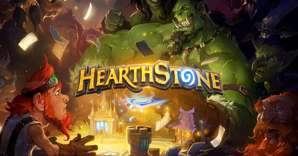 Characters swirl around a Hearthstone title image.