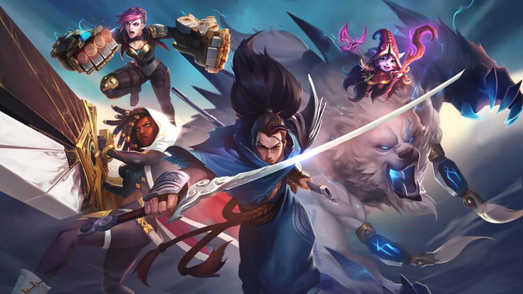 Characters charge forward in League of Legends illustration.