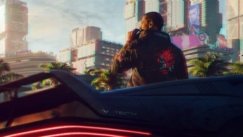 A man smokes a cigar by a ar in Cyberpunk 2077.