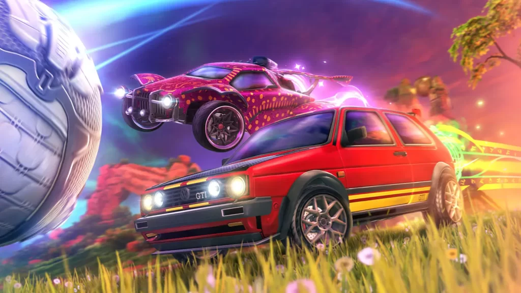 Illustrated cars chase a ball in Rocket League.