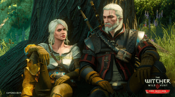 Geralt and Ciri lounge by a tree in the Witcher 3: Wild Hunt. 