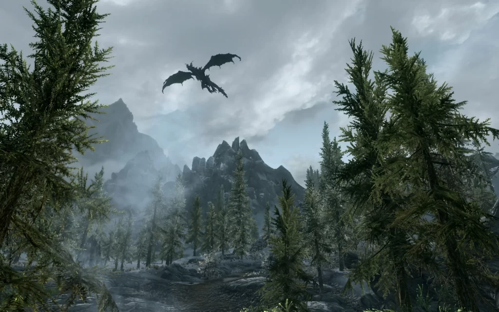 Dragon flying in Skyrim forests.