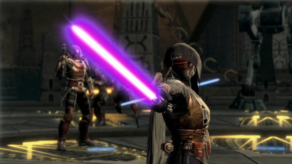 Character with blue lightsaber in Old Republic game.