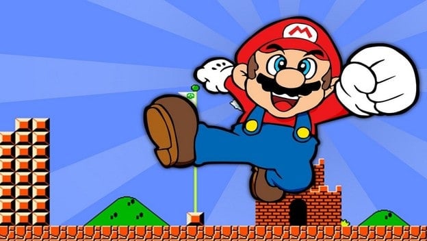 Mario stands in front of the background of one of the Super Mario Bros. games. He's in the middle of jumping, and he's kicking and punching the air with a smile on his face.