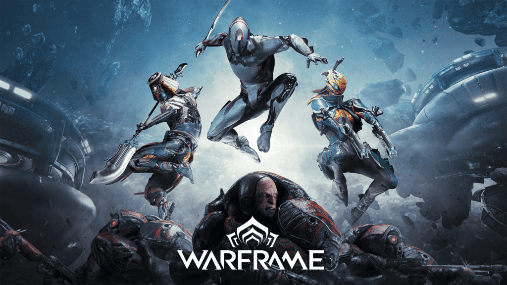 Three Warframe suits leap in a Warframe title page.