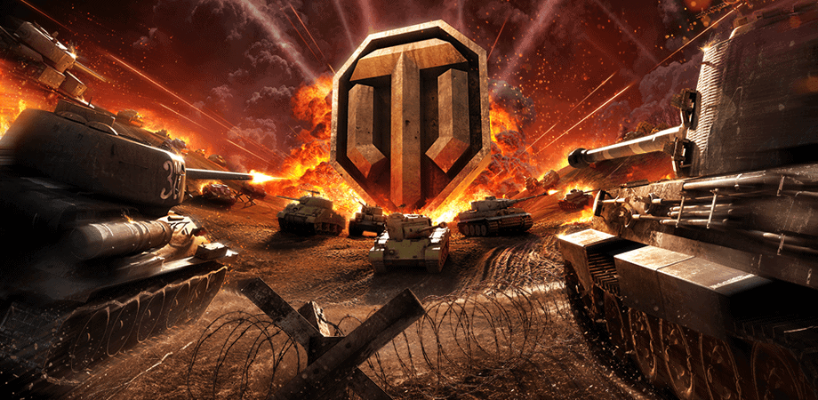 World of Tanks title image with multiple tanks converging on target.