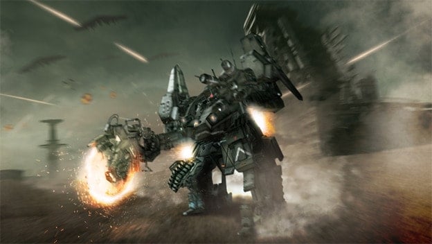 Picture of an Armored Core walking tank in the middle of a battlefield shooting its arm cannon