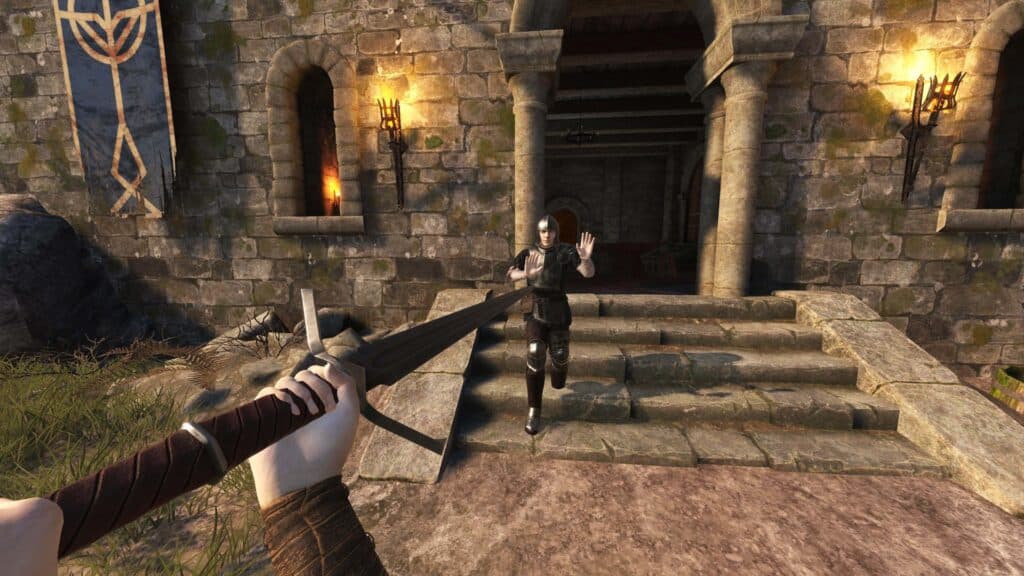 A player pointing a sword at an enemy that has hands up in Blade and Sorcery.