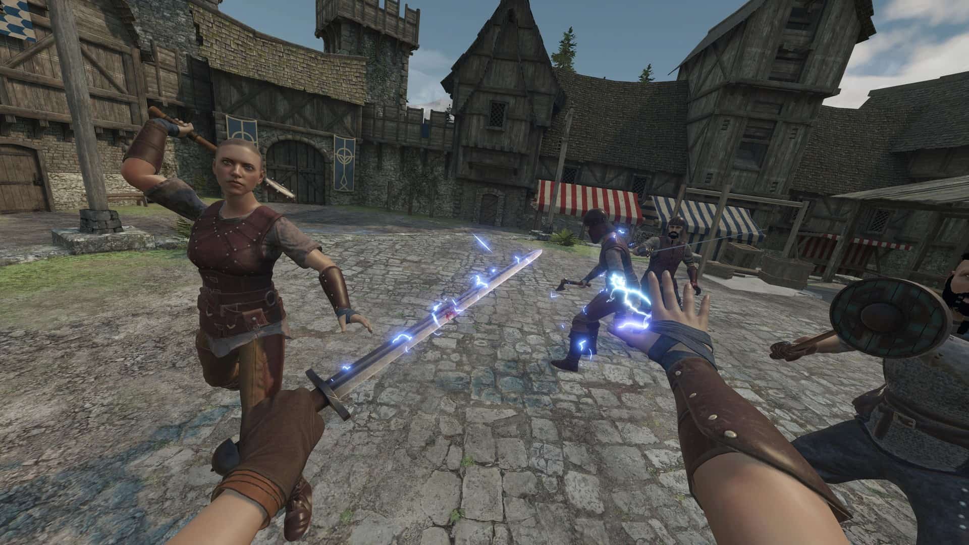 Players holding a sword imbued by lightning magic.