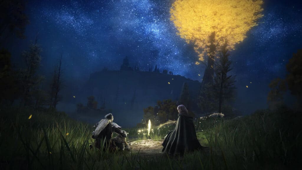 An image of the player character and Melina resting at a site of grace in Elden Ring