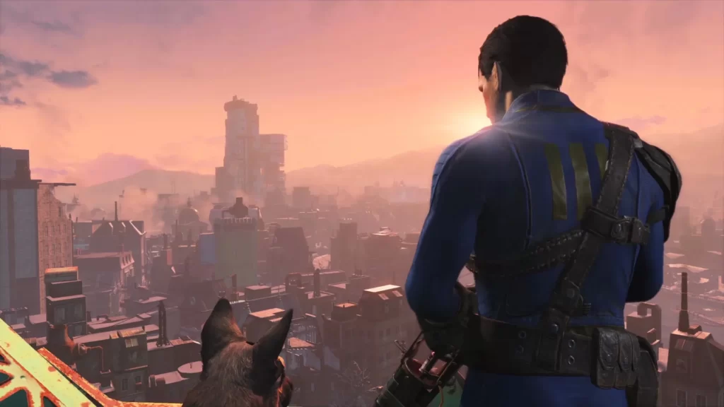 Fallout 4 main character and dog looking at skyline