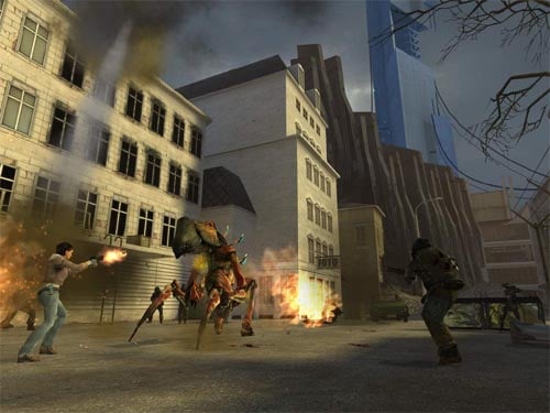 A group of people are in a firefight with alien forces
