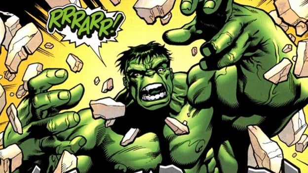 A picture of The Incredible Hulk, drawn to look like a comic panel. Hulk is looking toward the camera and screaming as he smashes through a wall.