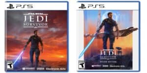 Screenshots of box art for the standard and deluxe editions of Star Wars Jedi: Survivor