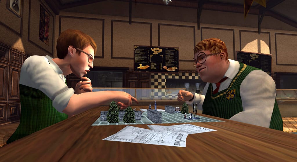 Two members of Bully's nerd faction play a tabletop game.